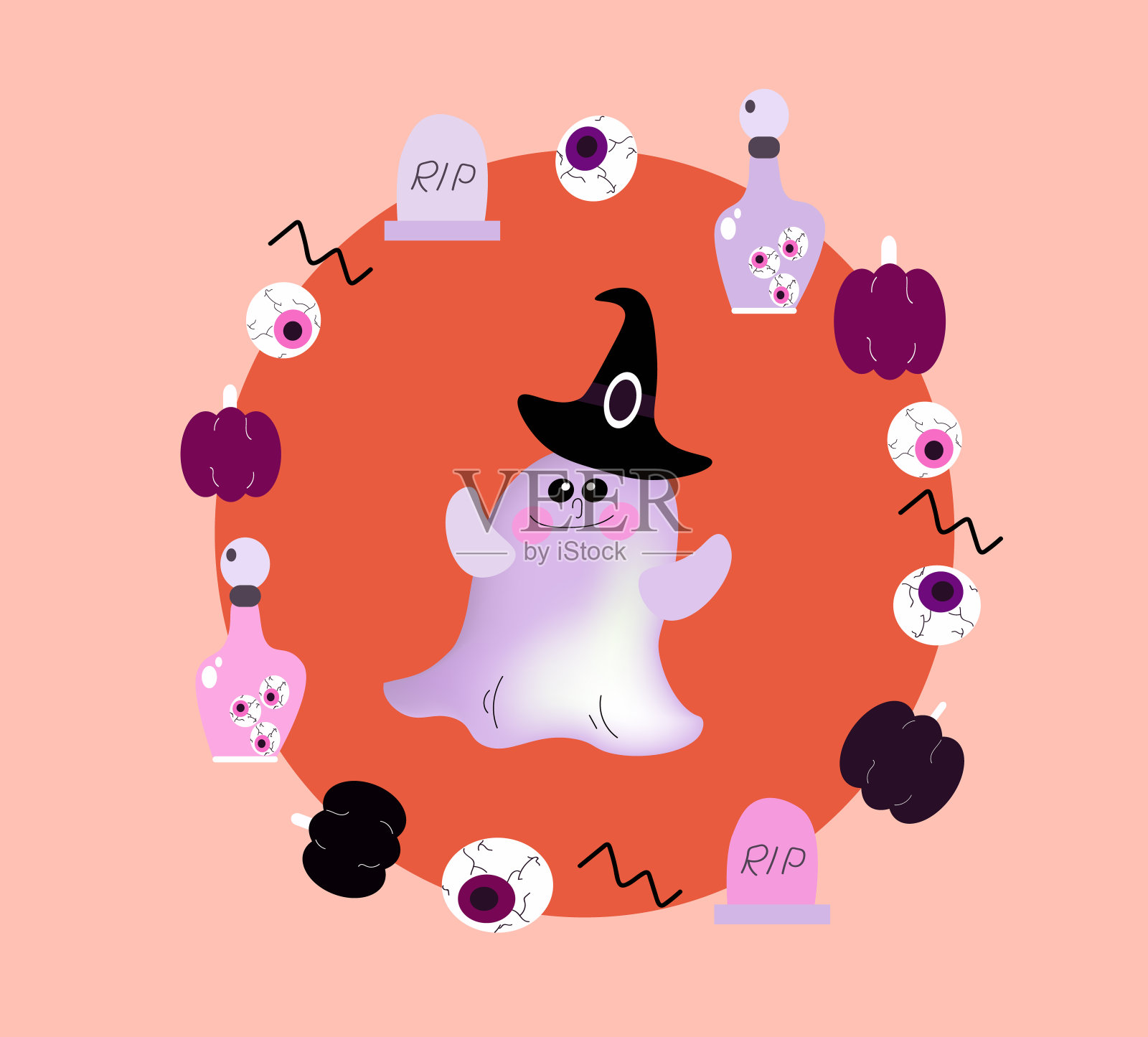 万圣节贺卡，boo，南瓜，幽灵，眼球瓶。扁平卡通矢量插图。插画图片素材