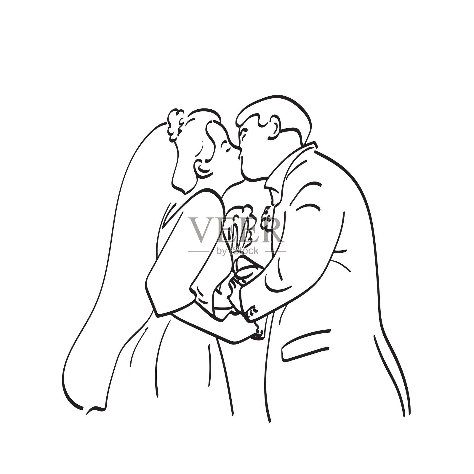 线条艺术新娘和新郎亲吻手设计元素图片