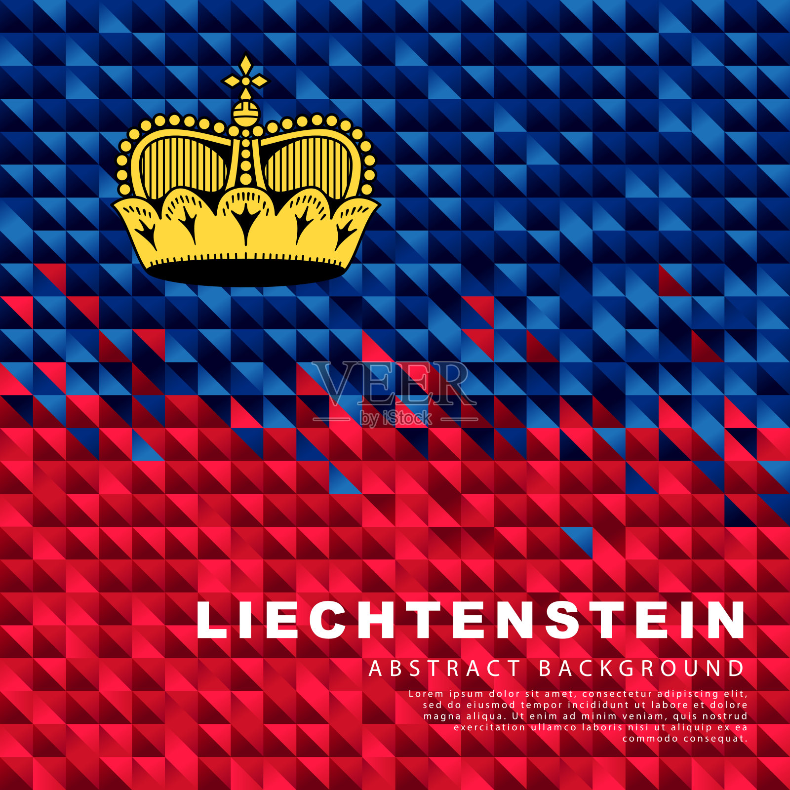 列支敦斯登国旗。抽象的背景小彩色的蓝色和红色三角形。插画图片素材