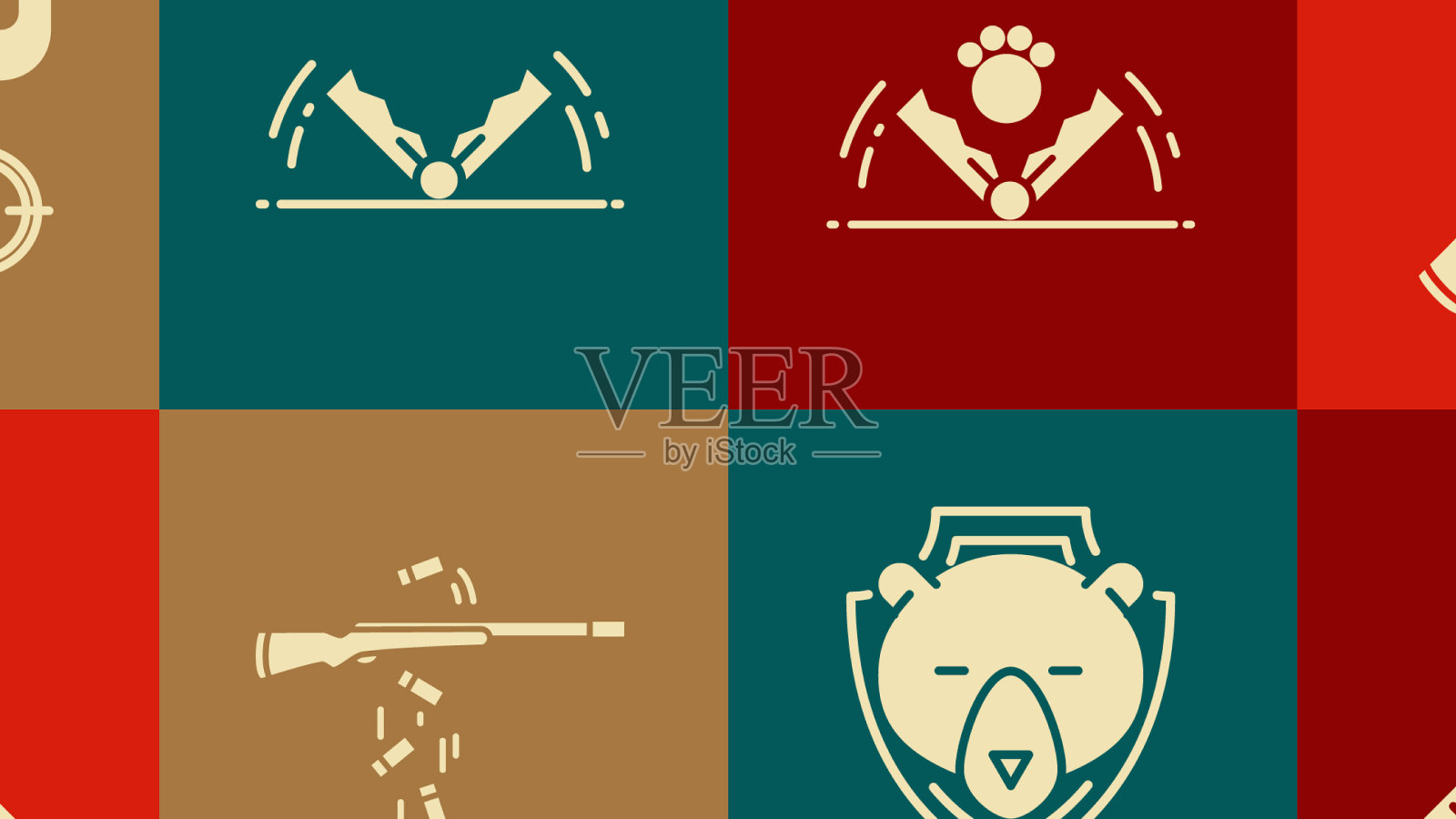 设置猎人帽子刀和两把交叉猎枪图标素材