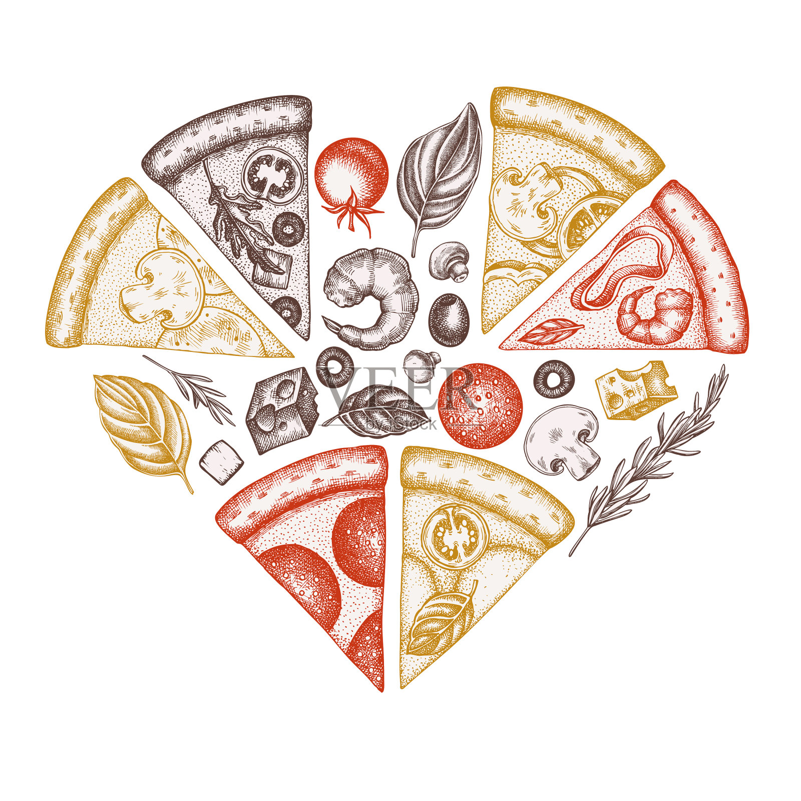 披萨心复古设计手绘希腊设计元素图片
