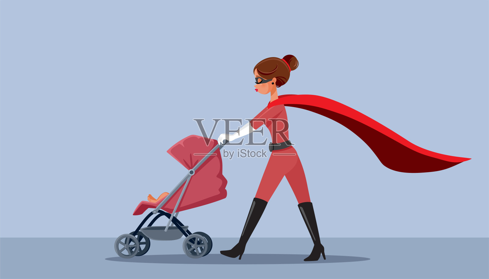 超级英雄妈妈推着婴儿车矢量卡通插图插画图片素材