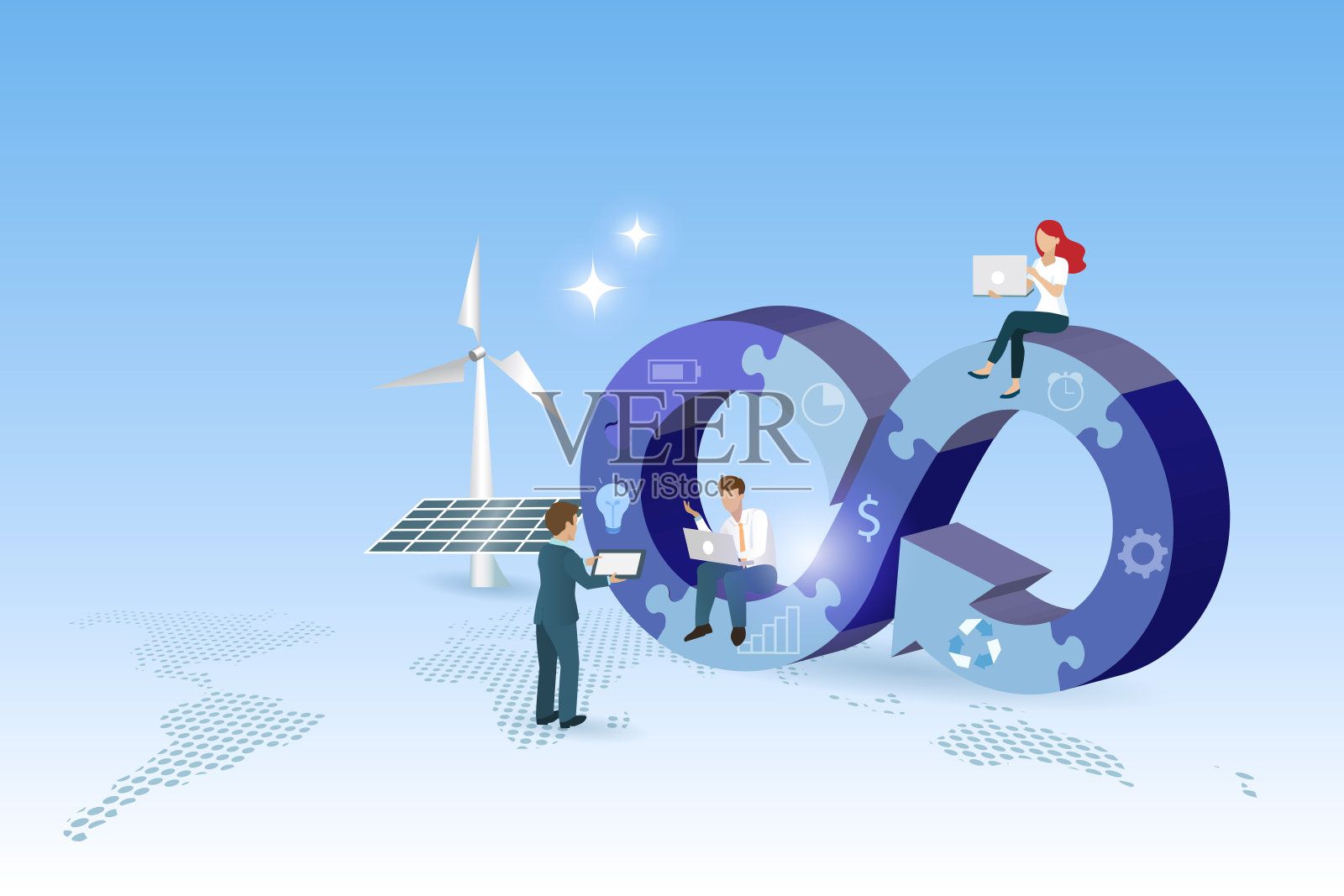 世界地图上的拼图游戏中的循环经济。商人团队制定了利用自然资源消除浪费和污染的可持续战略目标。插画图片素材