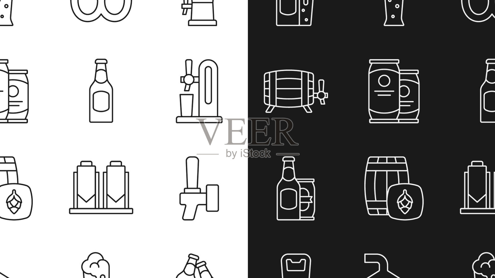 设置线啤酒瓶塞与玻璃椒盐卷饼图标素材