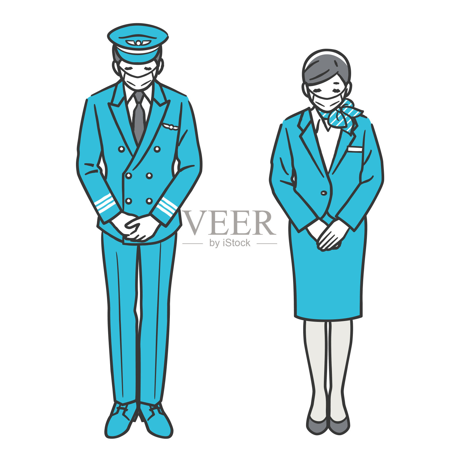 机长和空乘人员鞠躬(戴口罩)插画图片素材
