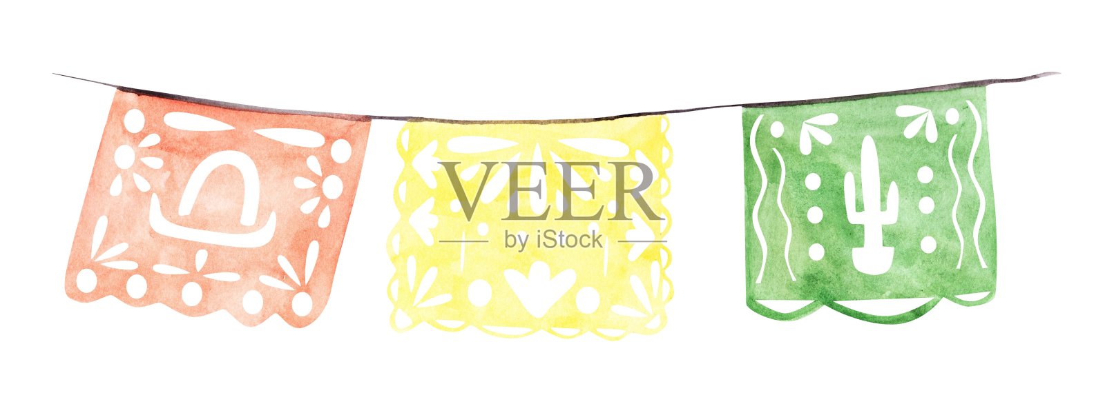 帕佩尔皮卡多被孤立在白色背景上。墨西哥亡灵节的水彩花环。手绘的五月五日节旗帜。嘉年华装饰剪纸艺术。假日插图。插画图片素材