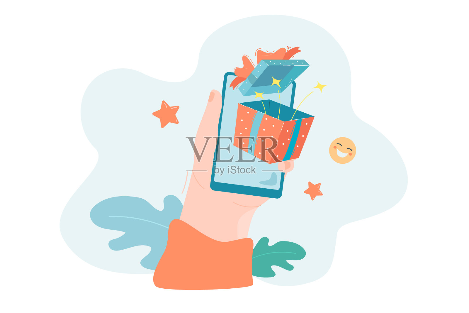 手持手机与礼品盒在屏幕上设计元素图片