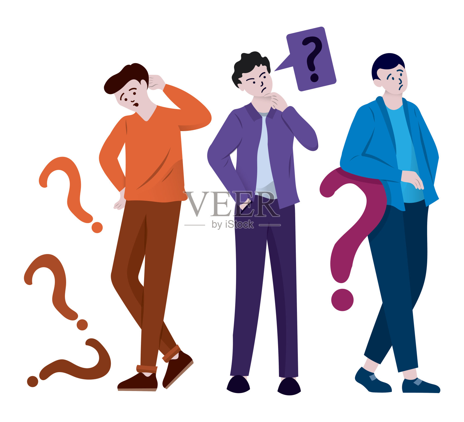 扁平化的人小组提问，提问的人图标，手绘风格矢量插图。插画图片素材