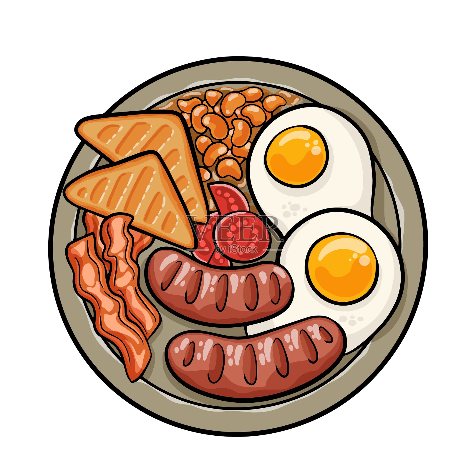 全英式早餐有培根，香肠，鸡蛋，豆子和蘑菇插画图片素材