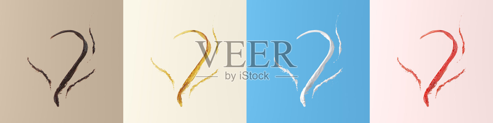 3d液体飞溅在空中如热咖啡，甜蜂蜜，牛奶和草莓汁是商业广告食品，饮料和甜点。照片摄影图片