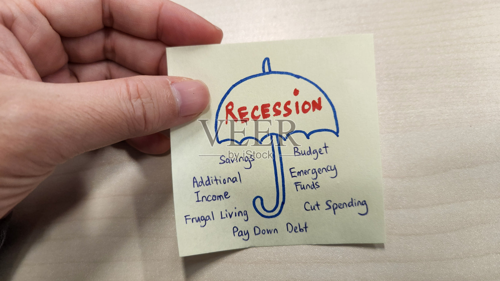 手里拿着一张便利贴，上面写着“衰退”和在衰退中生存下来的技巧照片摄影图片