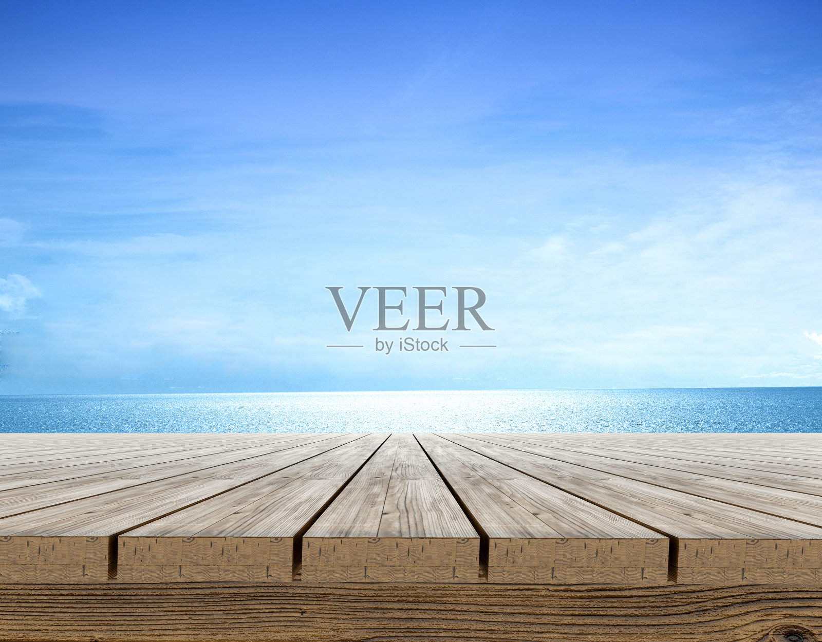 靛蓝木桌面和蓝色背景产品可以放置或切割显示概念，海滩和夏天照片摄影图片