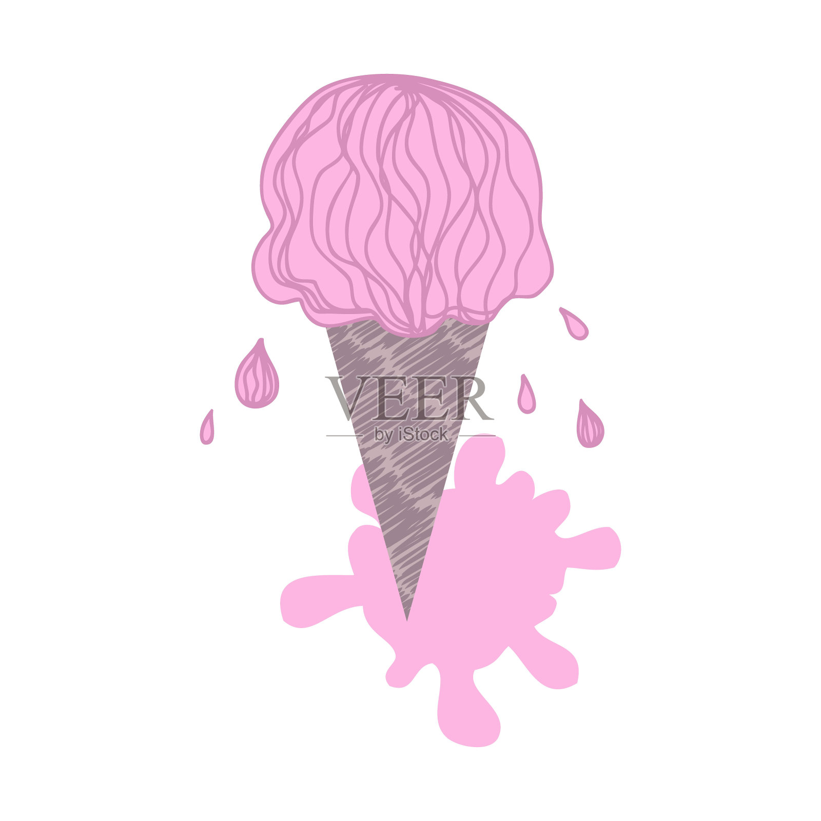 用水滴和水坑在冰淇淋草莓甜筒上涂鸦。完美的印刷t恤，贴纸，海报。手工绘制的独立矢量插图装饰和设计。插画图片素材