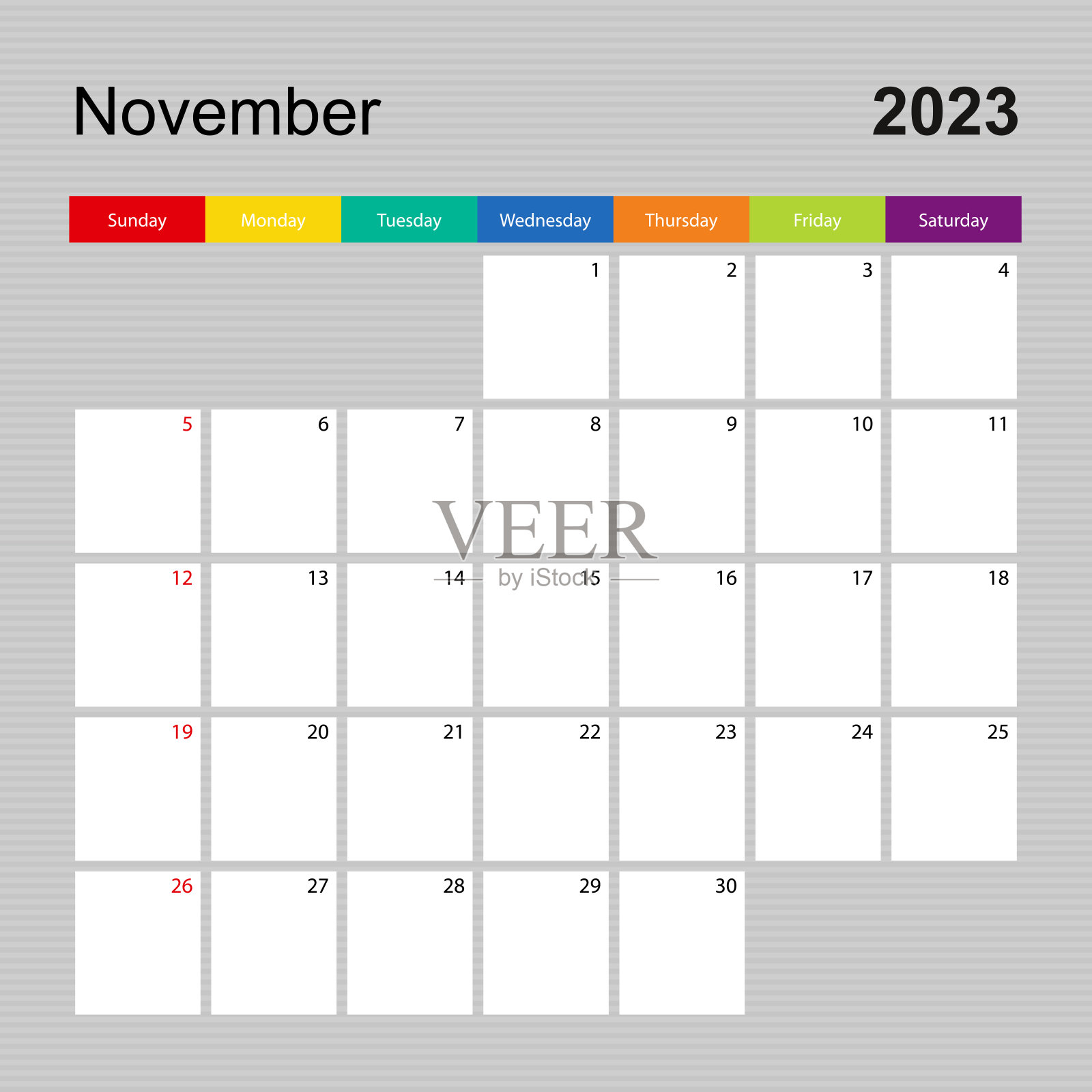 2023年11月的日历页，彩色设计的墙壁规划师。一周从周日开始。设计模板素材