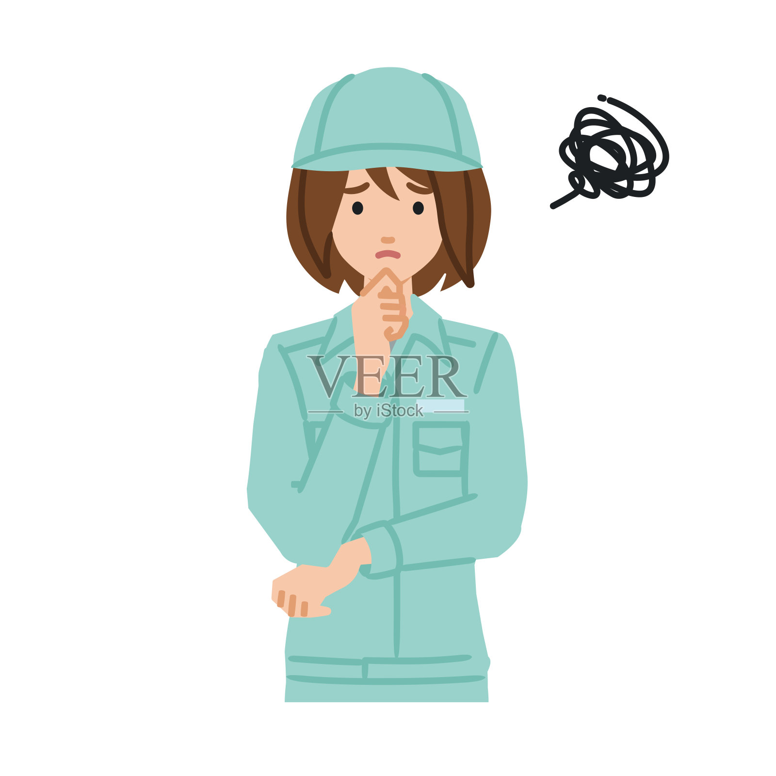 一个蓝领女工用手指托着下巴站不稳插画图片素材