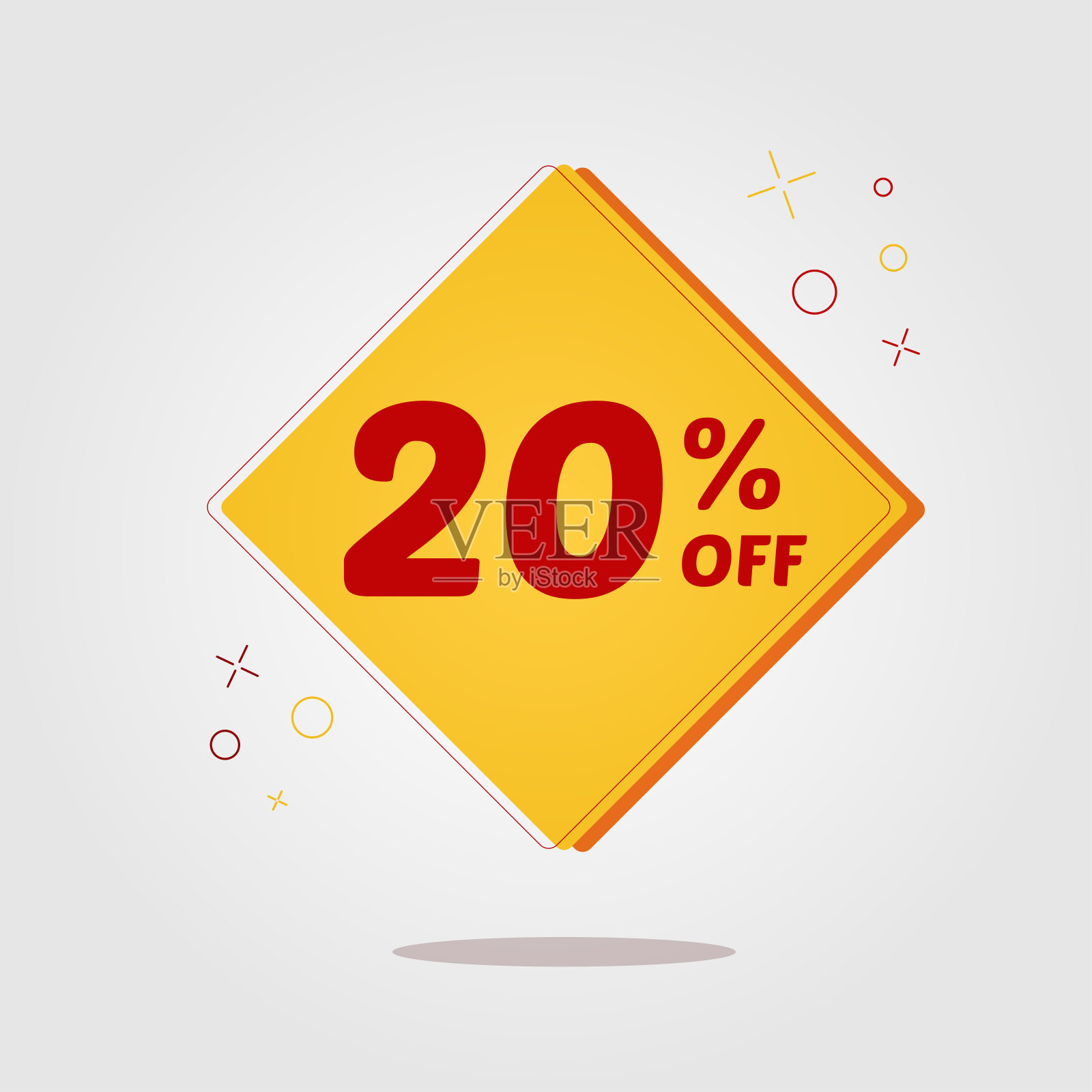 20%折扣的方形贴纸。销售标签黄红色孤立向量插图。报价标签，价格折扣符号。出售贴纸设计元素图片