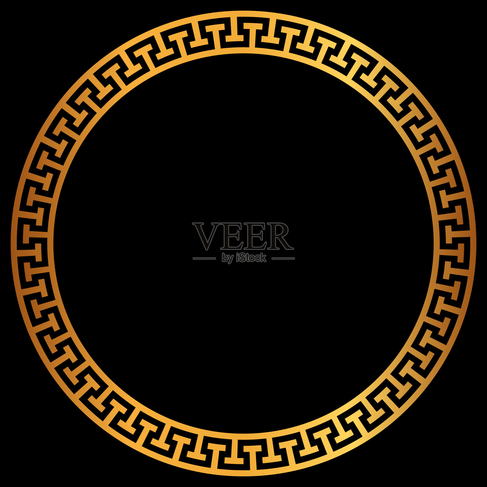 金色圆形希腊框架。黑色背景上孤立的传统图案的金色圆形框架。希腊的圆形装饰。边界模板。插画图片素材
