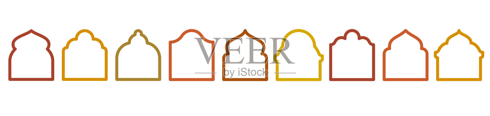 一套东方风格的窗户。圆顶清真寺，白底拱门。插画图片素材