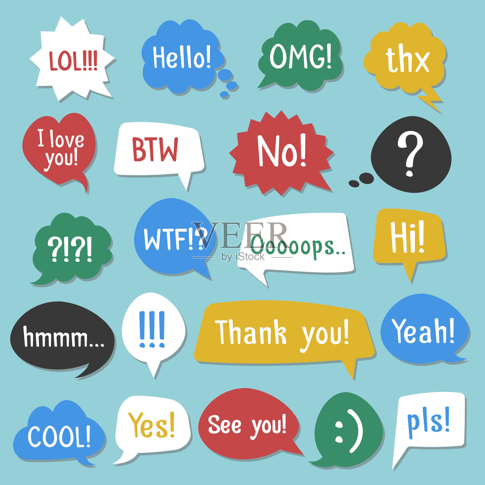 带阴影的彩色气泡贴纸。缩写词和缩略语。矢量图插画图片素材