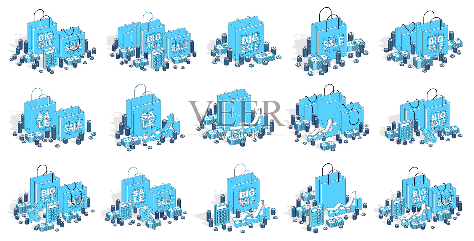 商店零售3d集孤立在白色插画图片素材