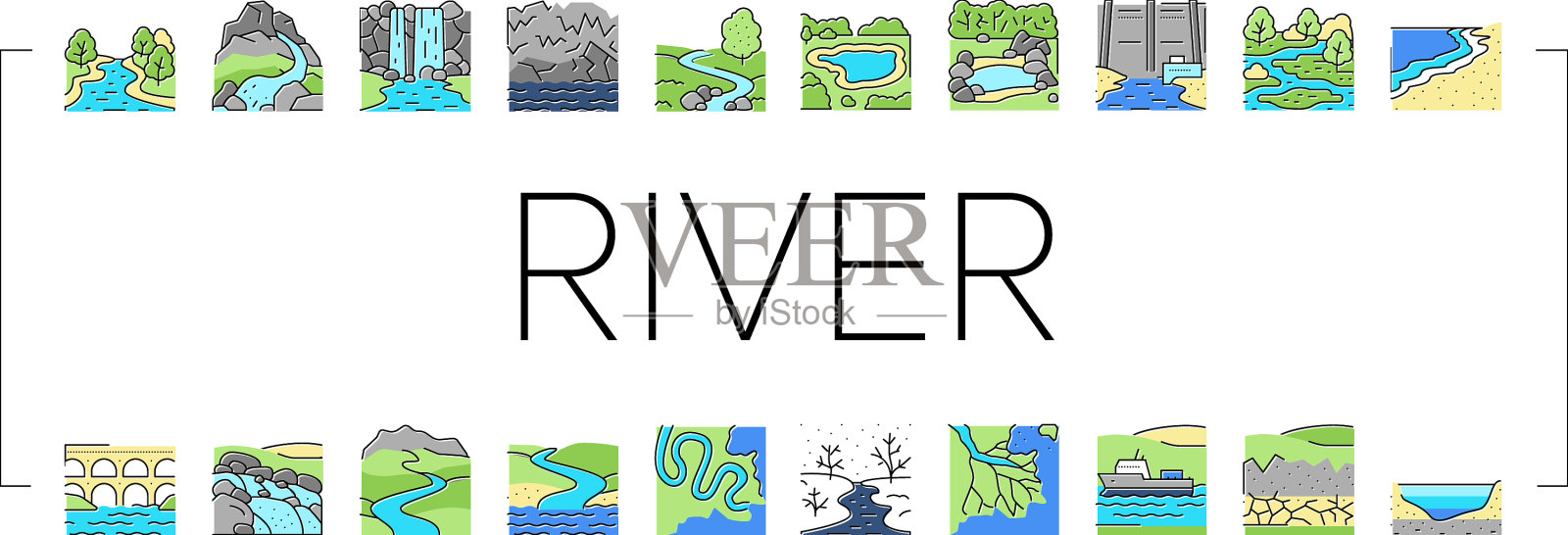 河流和湖泊自然景观图标集图标素材