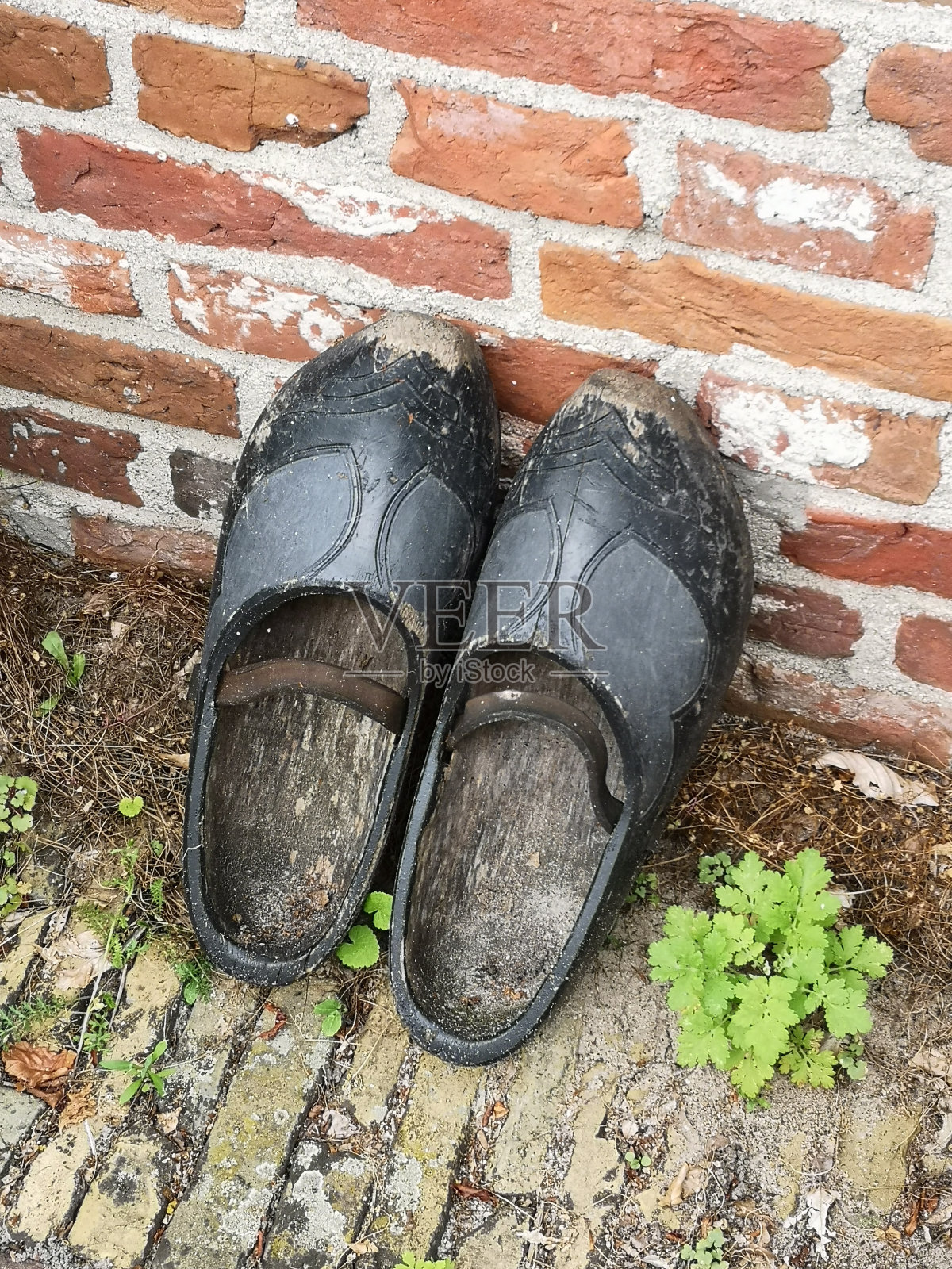 一双黑色的木屐正对着一所房子。照片摄影图片