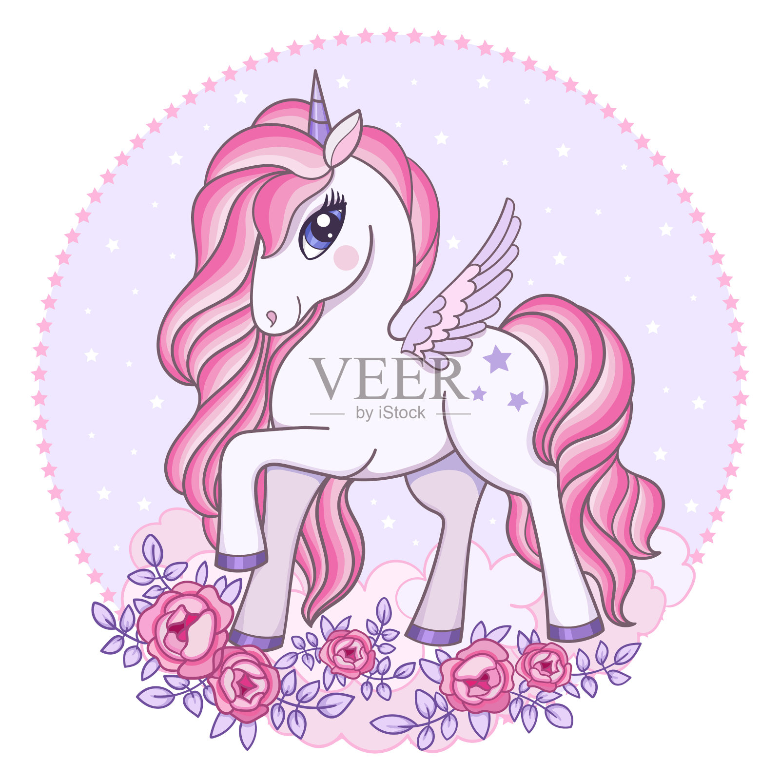 美丽的飞马独角兽，玫瑰和云彩设计元素图片