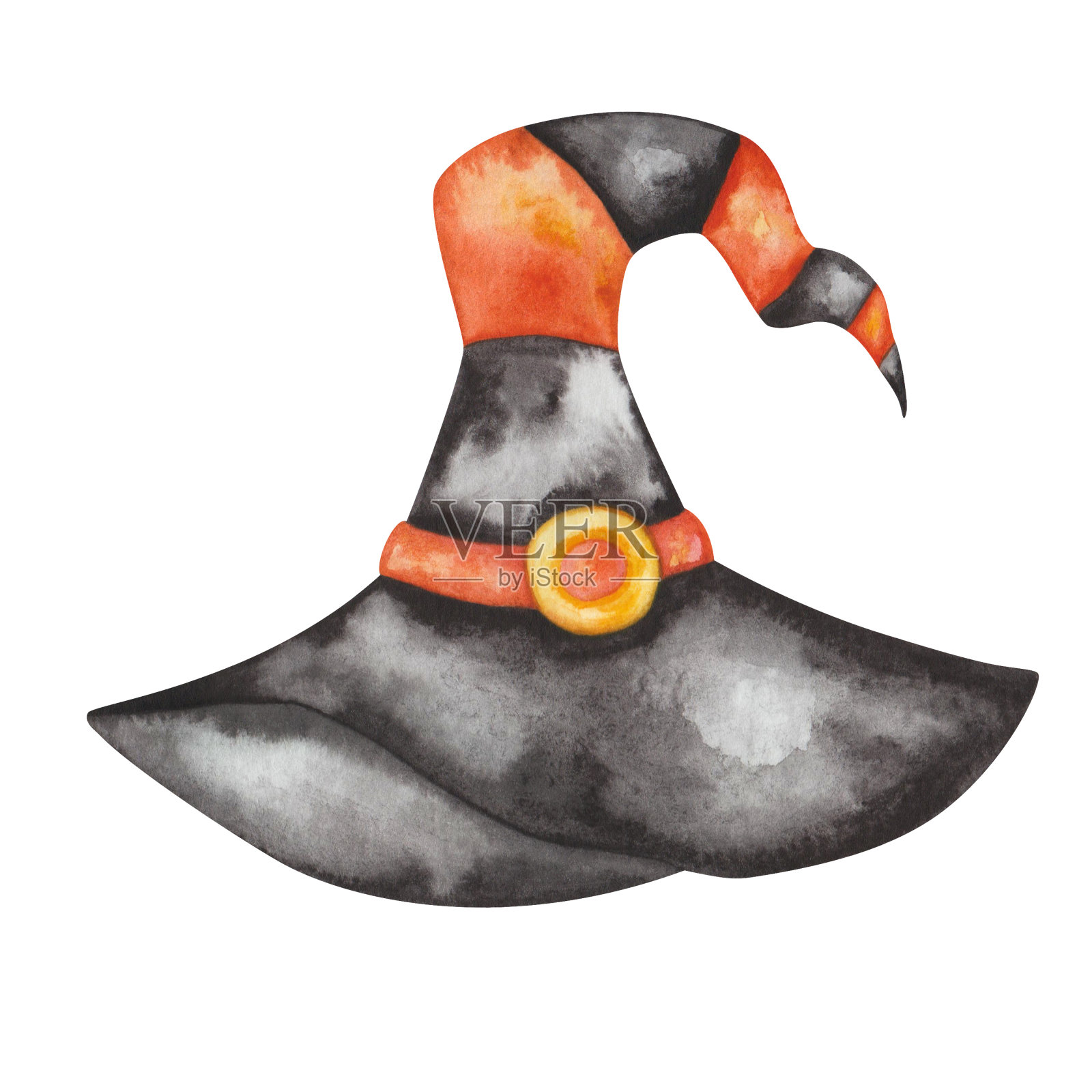 手绘插画的水彩女巫，巫师的黑色长帽子，橙色的颜色像丝袜带黄色的扣，歪端。孤立的剪贴画万圣节卡片，包装纸，印刷品插画图片素材