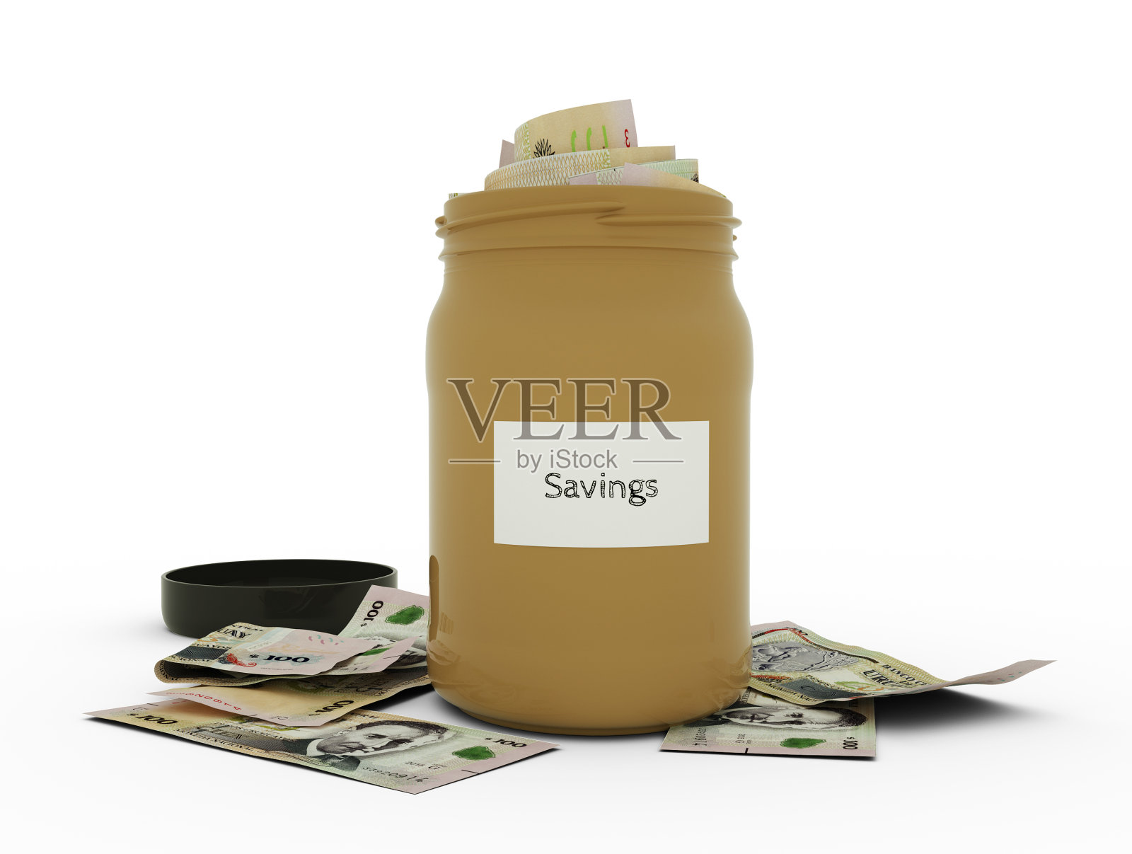 3D渲染100乌拉圭比索乌拉圭笔记在储蓄容器。容器顶部装满了乌拉圭钞票照片摄影图片