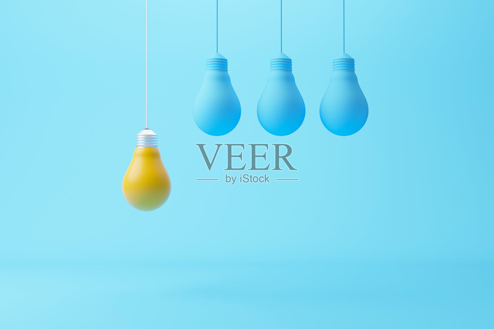 悬挂灯泡黄在灯泡群中脱颖而出。创意理念和创新理念，独特，与众不同，个性，脱颖而出。3 d渲染图照片摄影图片