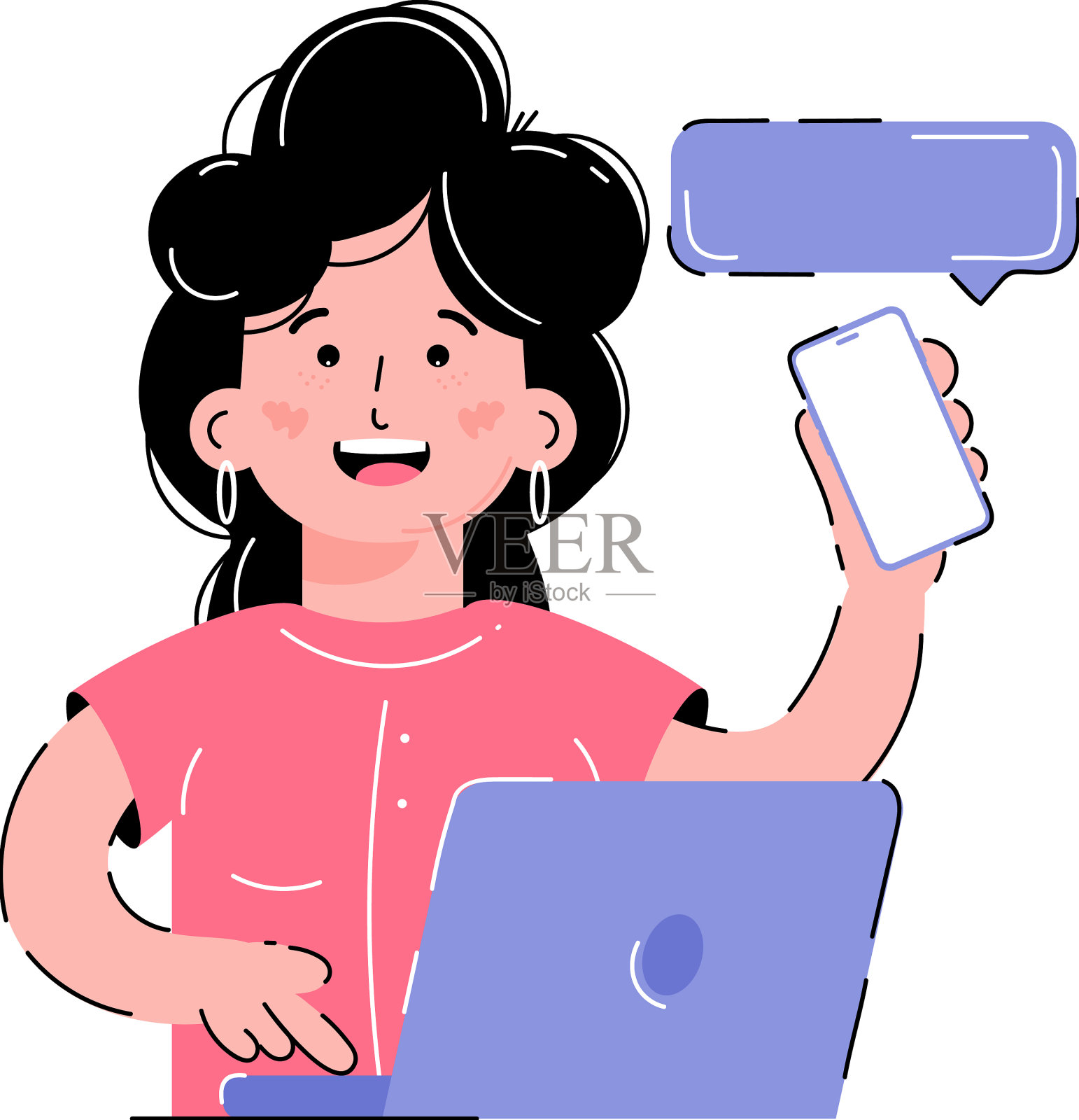 女孩拿着手机在笔记本电脑上工作设计元素图片