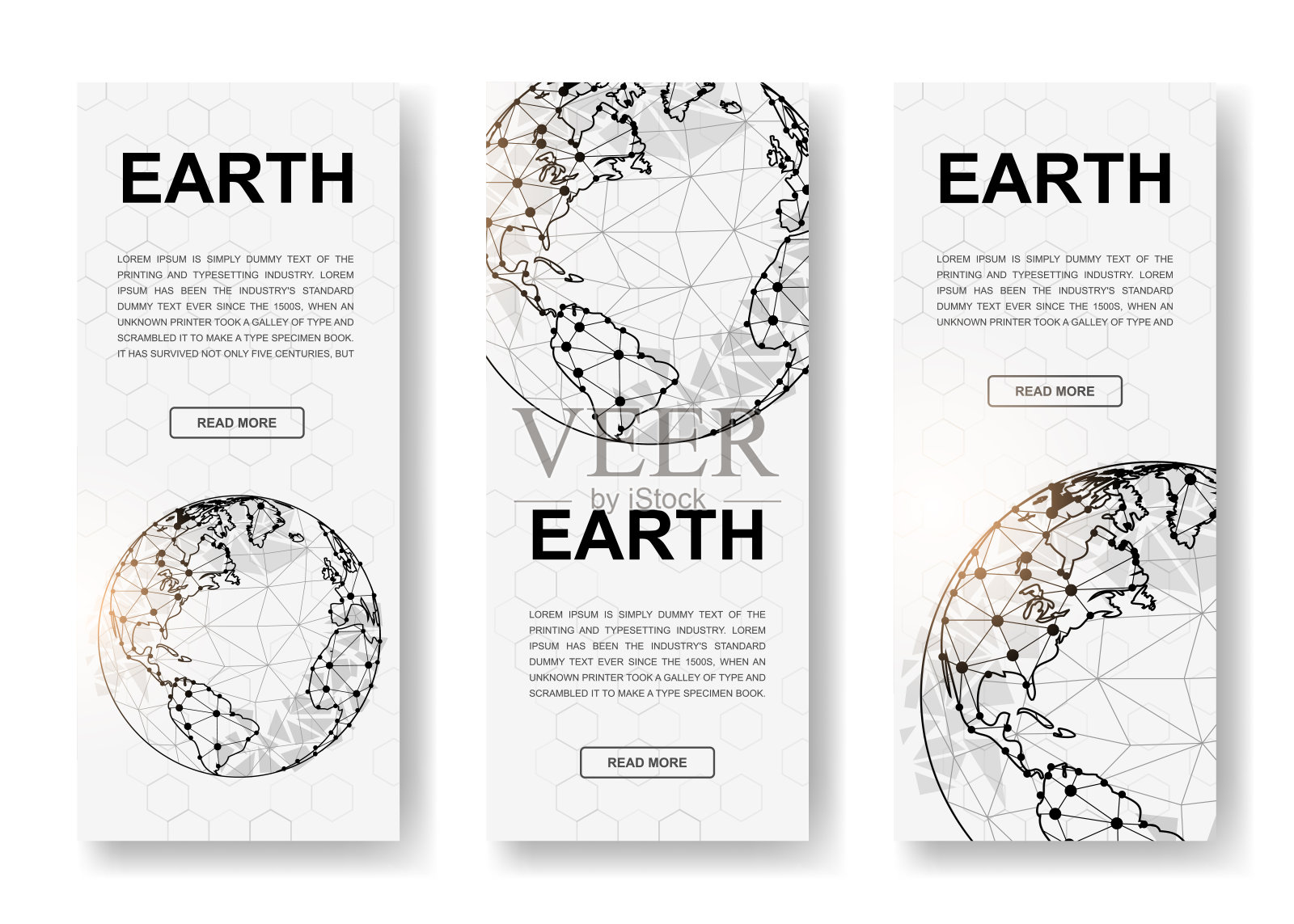 设置三个地球多边形垂直横幅。三维世界地图低多边形符号连接点。垂直插图的网页设计。设计模板素材