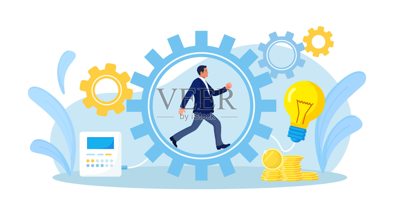 商人在齿轮上运行，产生创造性的商业想法。员工在齿轮里匆匆发展创新或创业。领导者达到目标，动力十足。努力与成功插画图片素材