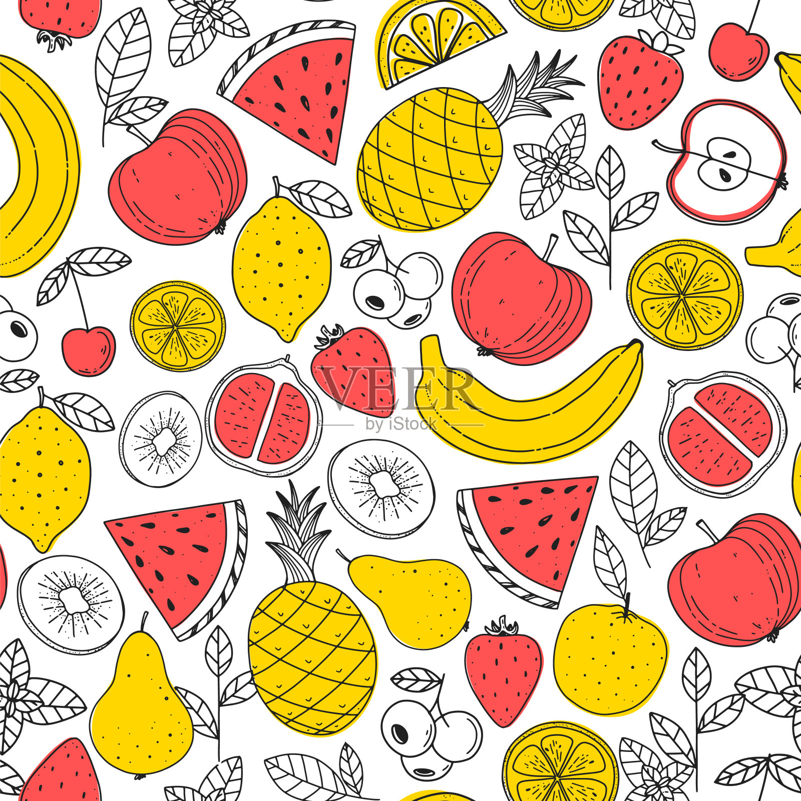 水果无缝模式。手绘矢量插图。极简主义的设计。北欧风格的插图。健康的有机食品。插画图片素材