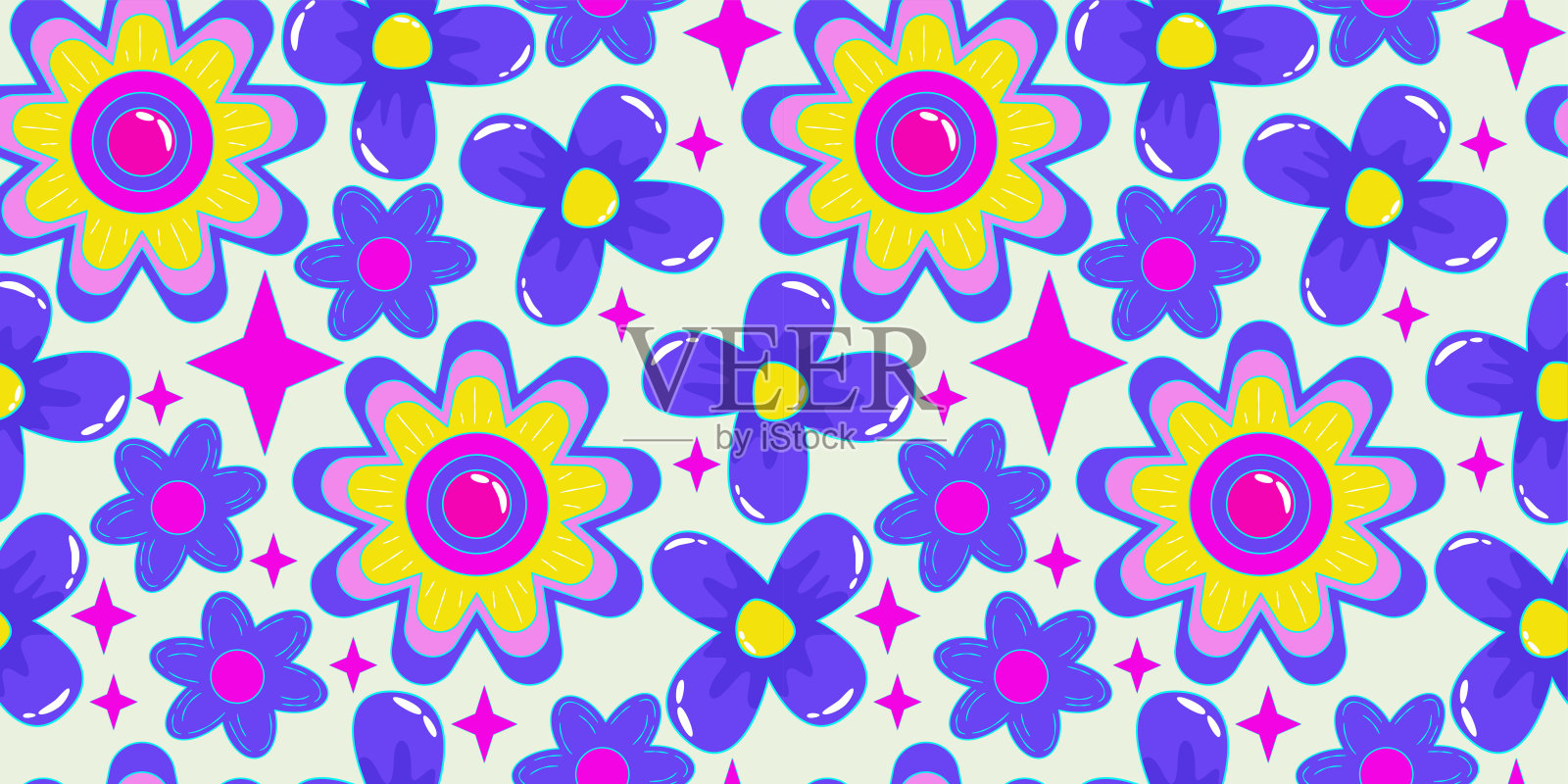花力量复古90年代无缝图案与雏菊墙纸设计。迷幻打印。花的力量。潮流流行艺术复古花卉图案。明亮的无缝设计。插画图片素材