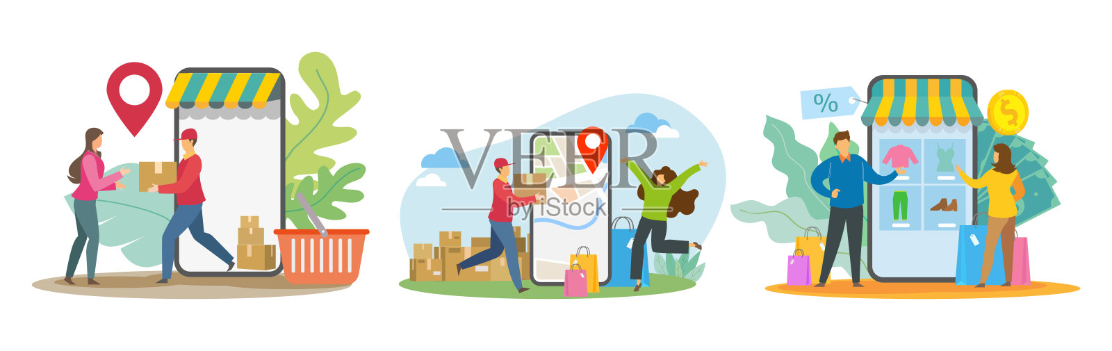 在电脑、智能手机和平板电脑上进行网上购物和支付。插画图片素材