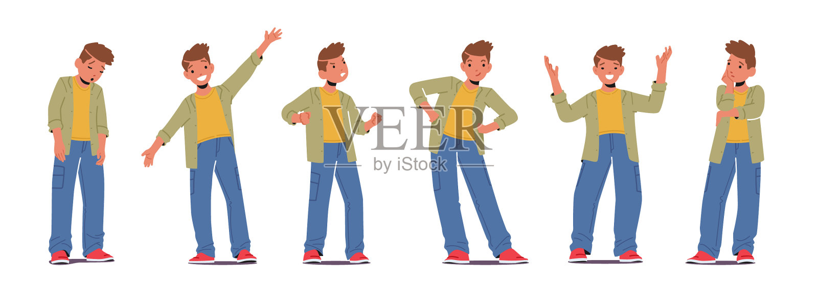 一组不同的小孩情绪少年面部表情图标素材