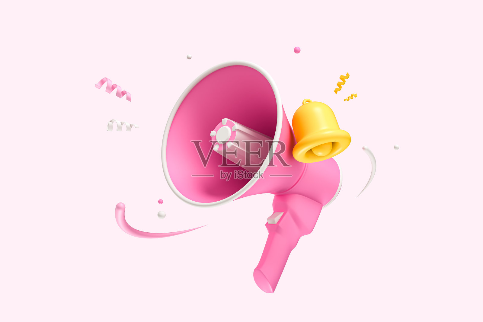 带铃铛的卡通扩音器，营销时间概念，带扬声器的在线新闻，社交媒体推广，粉色背景上的3D渲染元素照片摄影图片