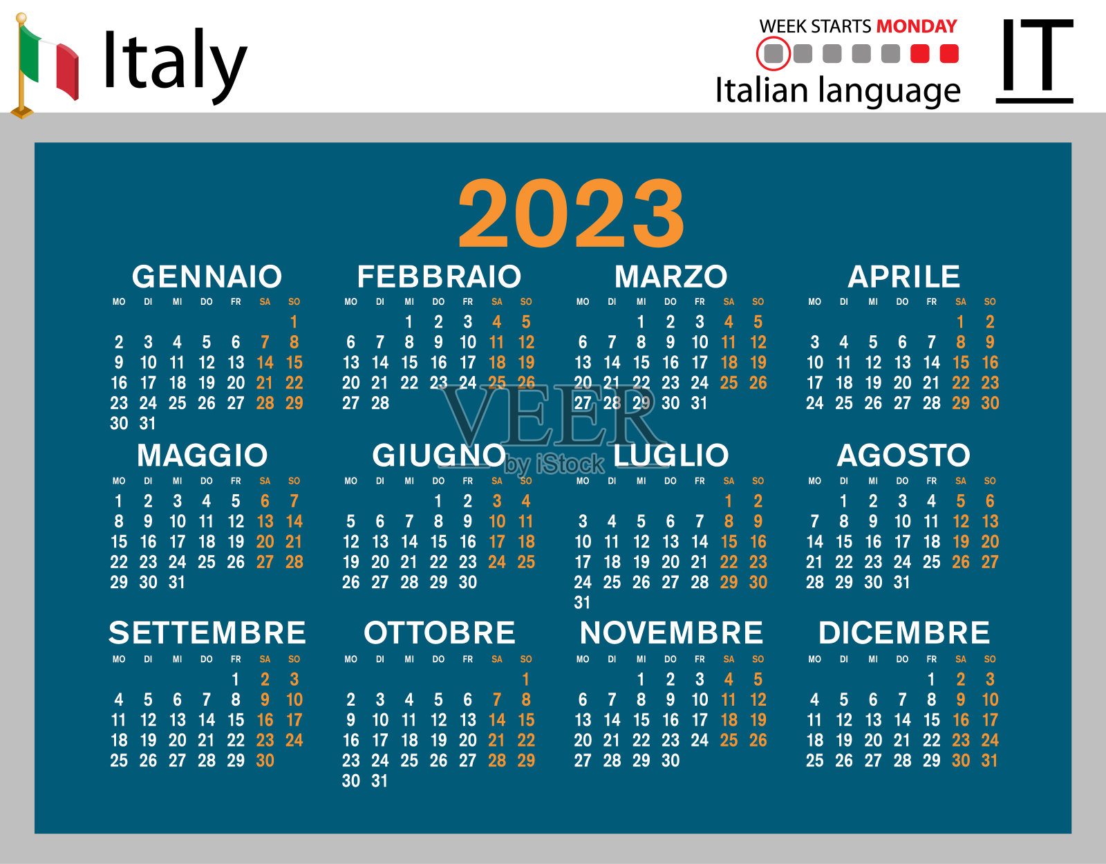 2023年意大利水平袖珍日历。一周星期一设计模板素材