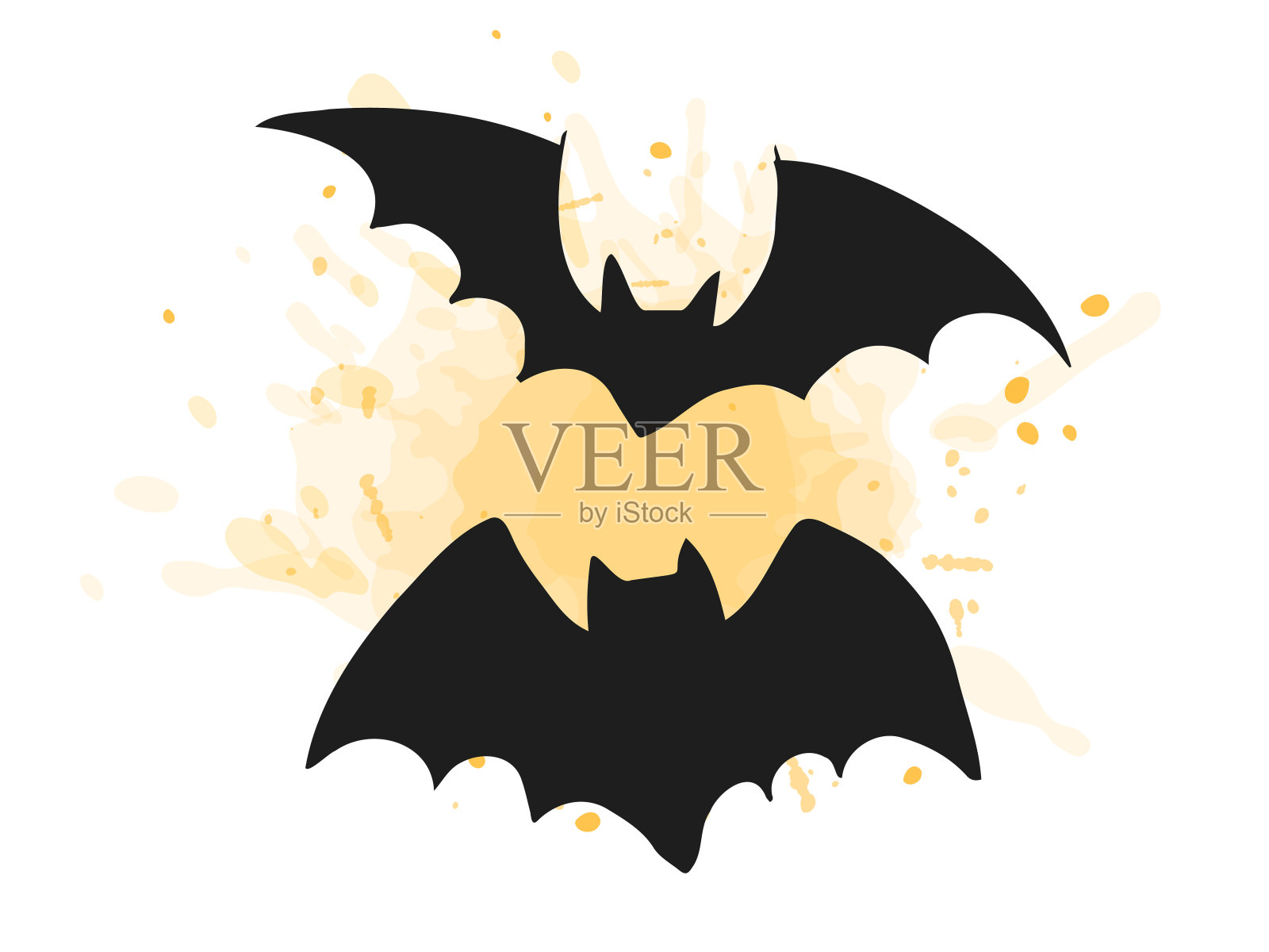 2022年万圣节- 10月31日。一个传统的节日。不给糖就捣蛋。手绘涂鸦风格的矢量插图。一组蝙蝠的剪影与橙色水彩点。插画图片素材