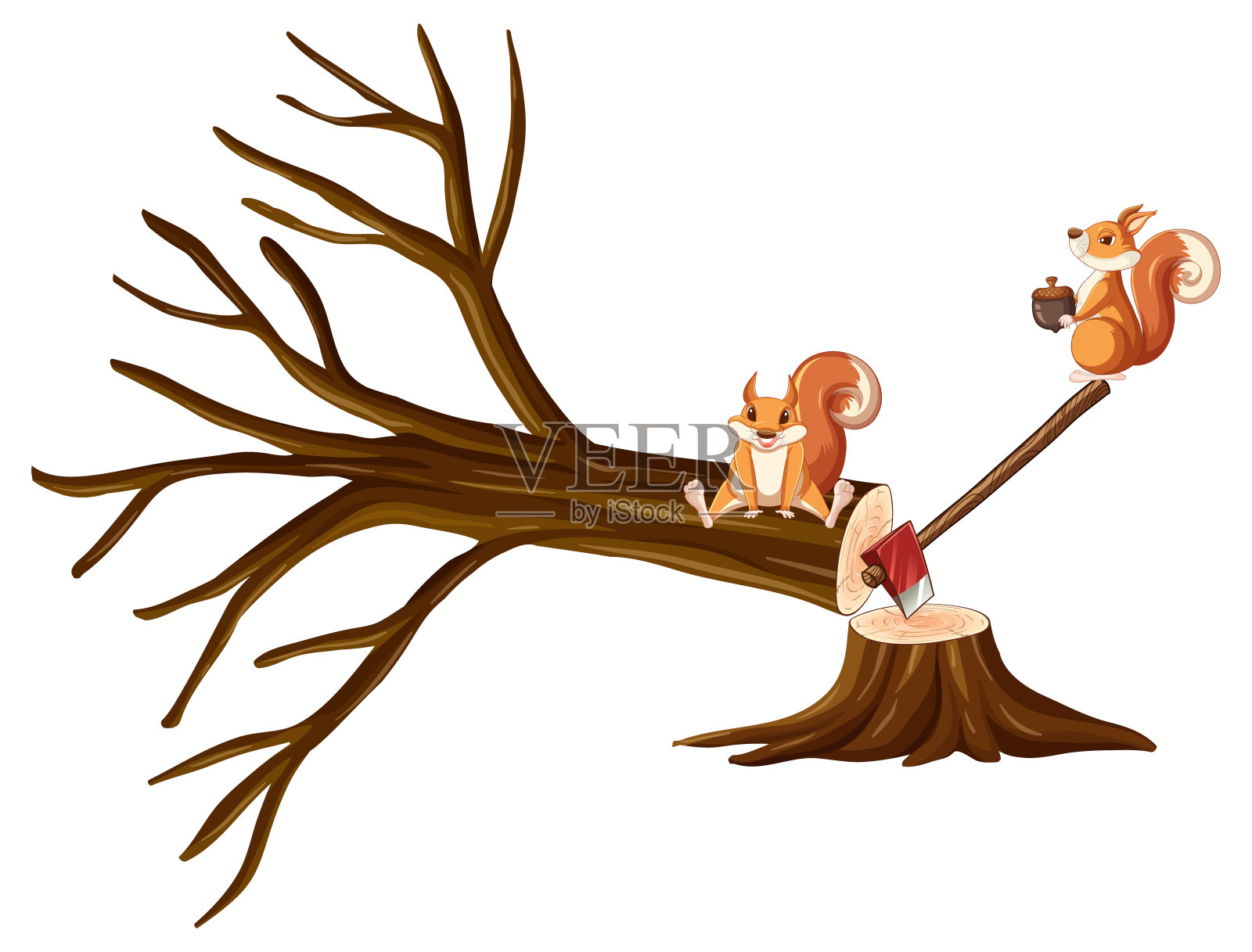 一只松鼠正在用斧头砍木头设计元素图片