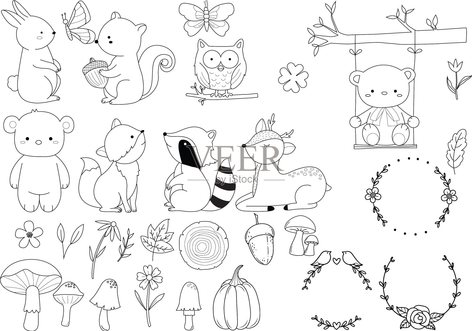 林地动物成群分布在彩色森林中设计元素图片