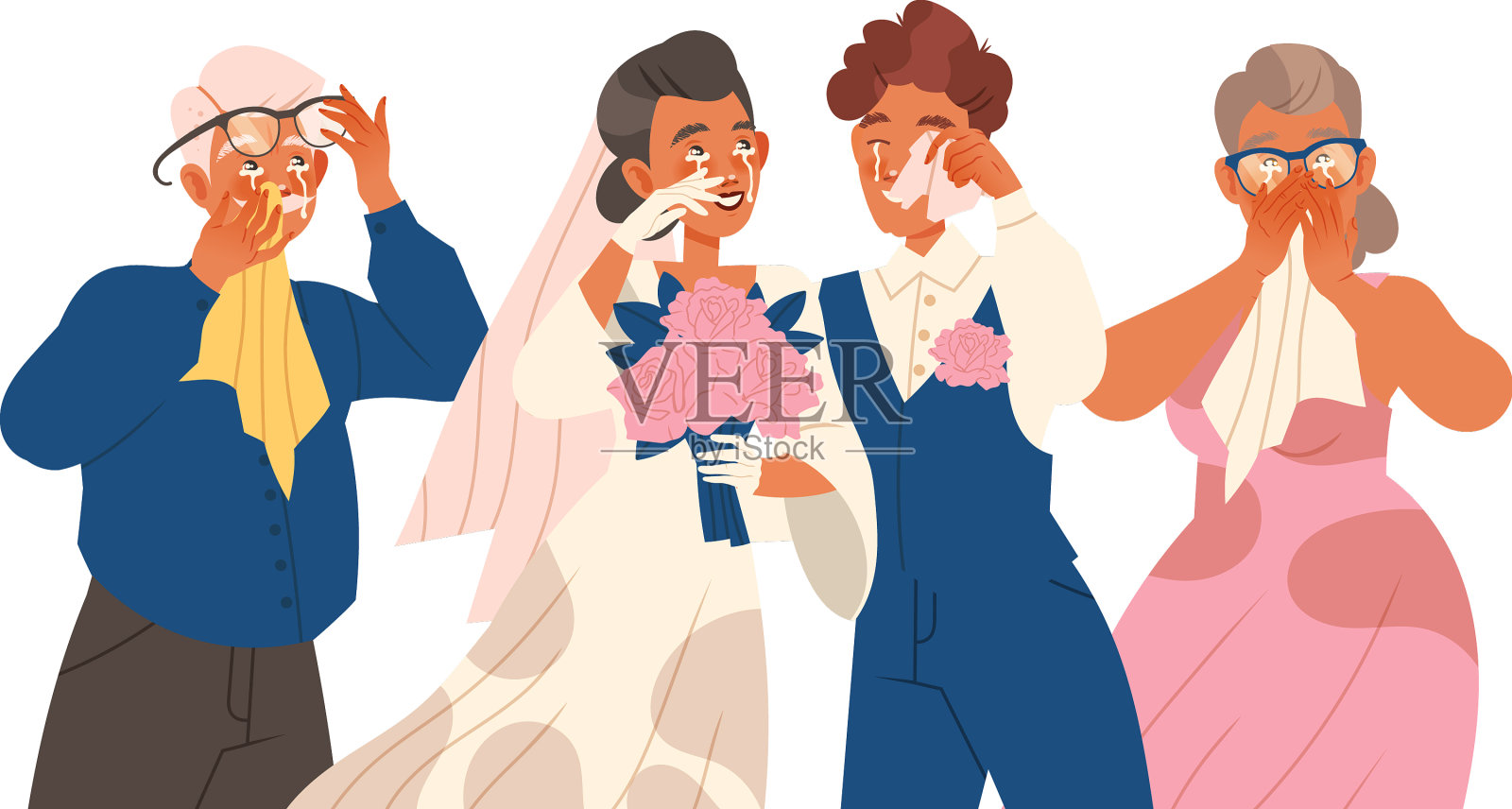 哭泣的新婚夫妇和他们的父母一起哭泣设计元素图片