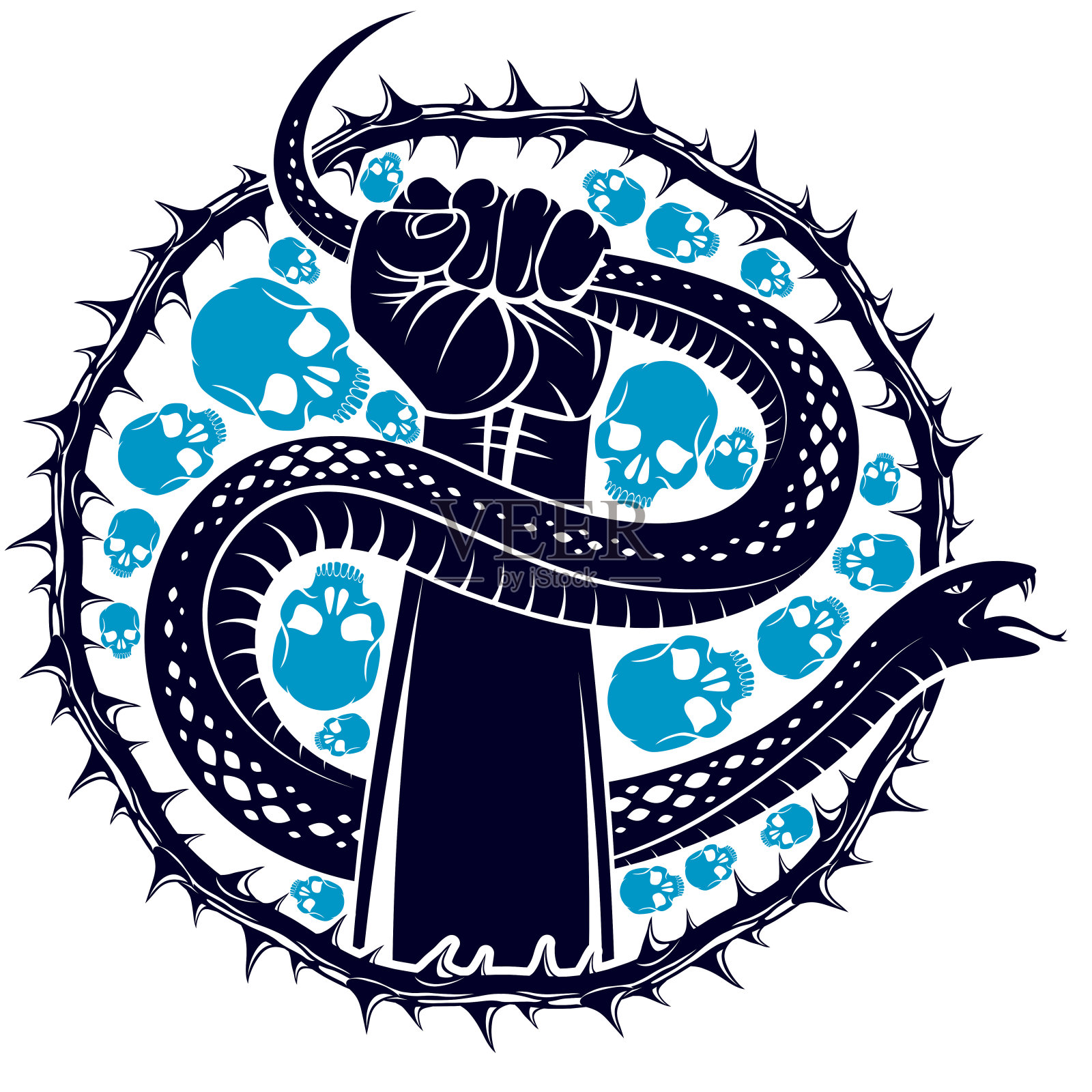 手挤压一条蛇，对抗邪恶，控制你的黑暗面，内心冲突，原型阴影，生活是一个战斗概念，复古矢量标志或纹身。插画图片素材