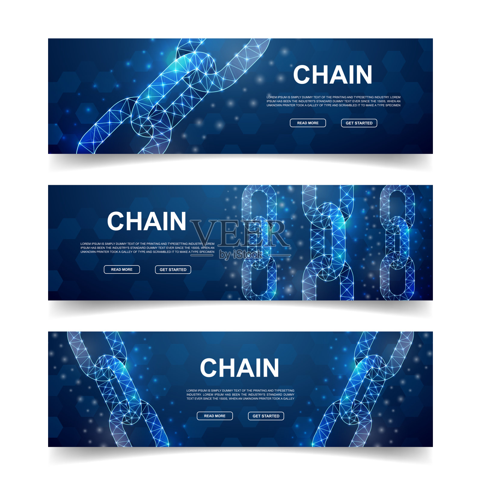 一套三链水平横幅。水平插图的主页设计，宣传横幅。带连通点的区块链低多边形符号插画图片素材