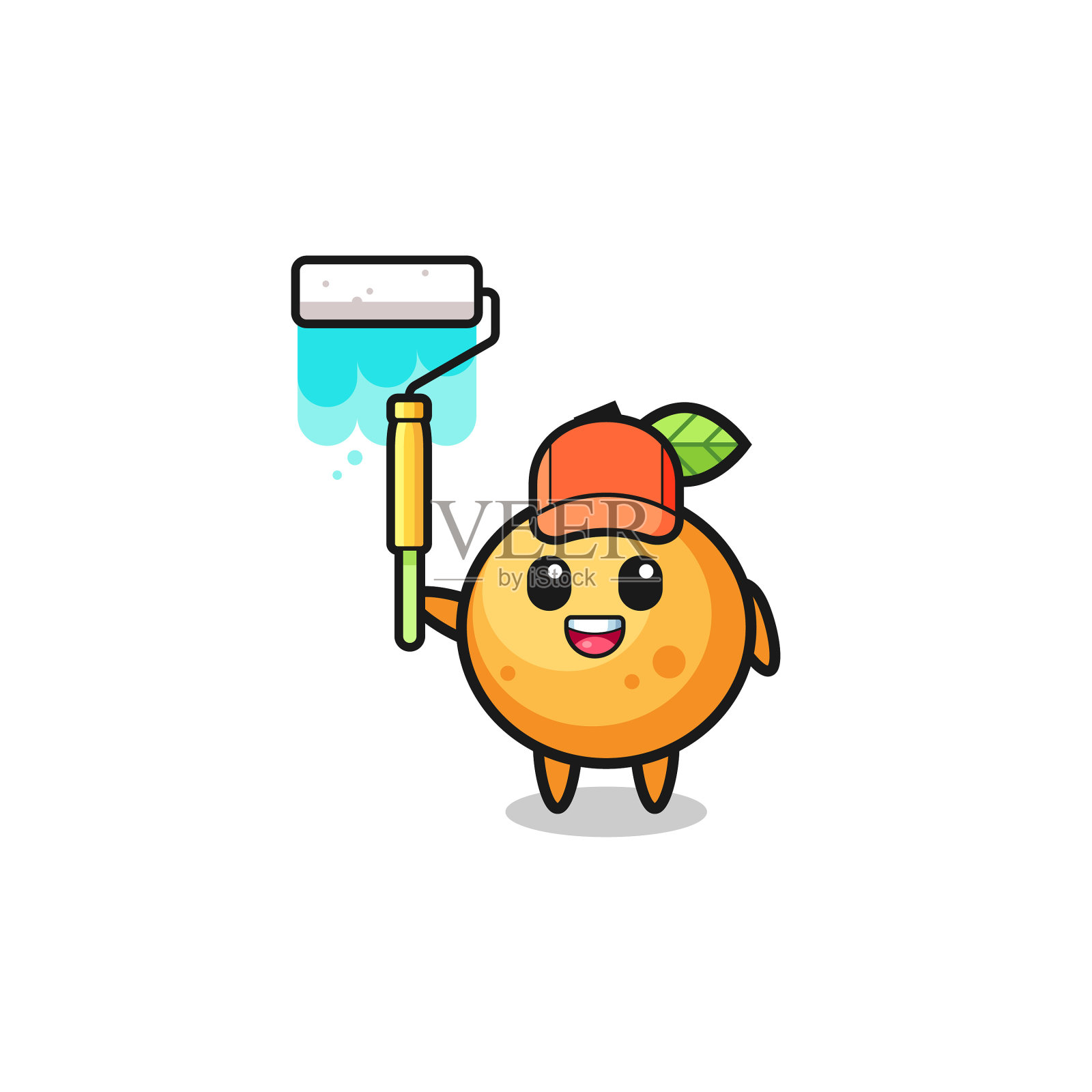 橙色水果画家吉祥物与油漆辊设计元素图片