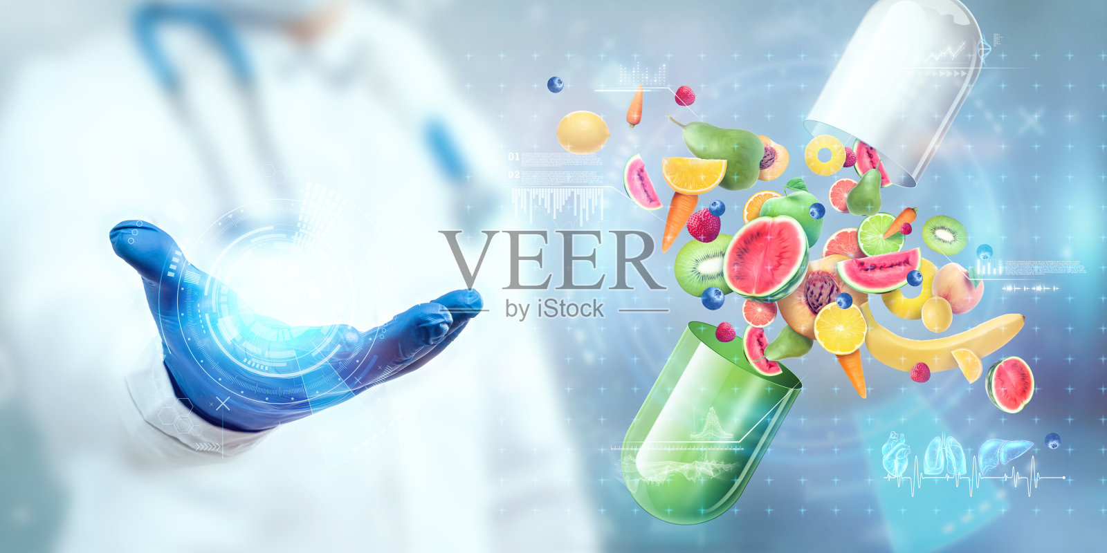 在医生的背景下，以含有水果和维生素的药用胶囊形式的食物补充。正确的饮食，饮食，替代药物，维生素，自然疗法，顺势疗法照片摄影图片