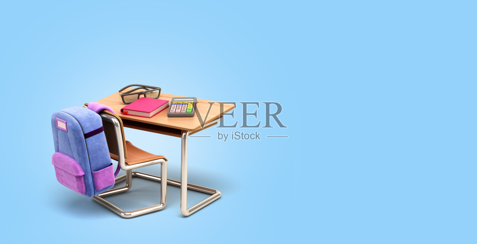 学校桌椅与学校供应3d渲染蓝色梯度照片摄影图片