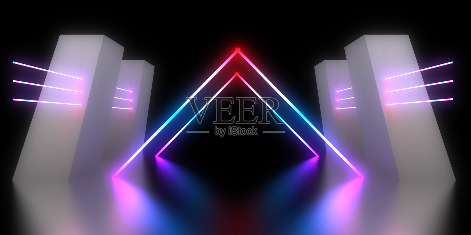 3D抽象背景与霓虹灯。霓虹灯隧道。空间建设。3d插图照片摄影图片