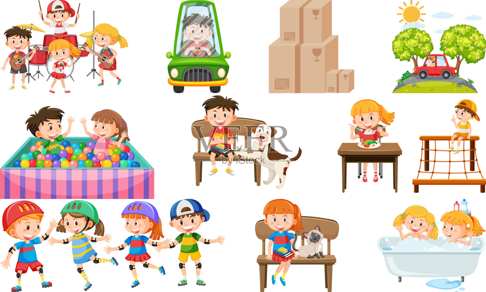 一组可爱的孩子和物品插画图片素材